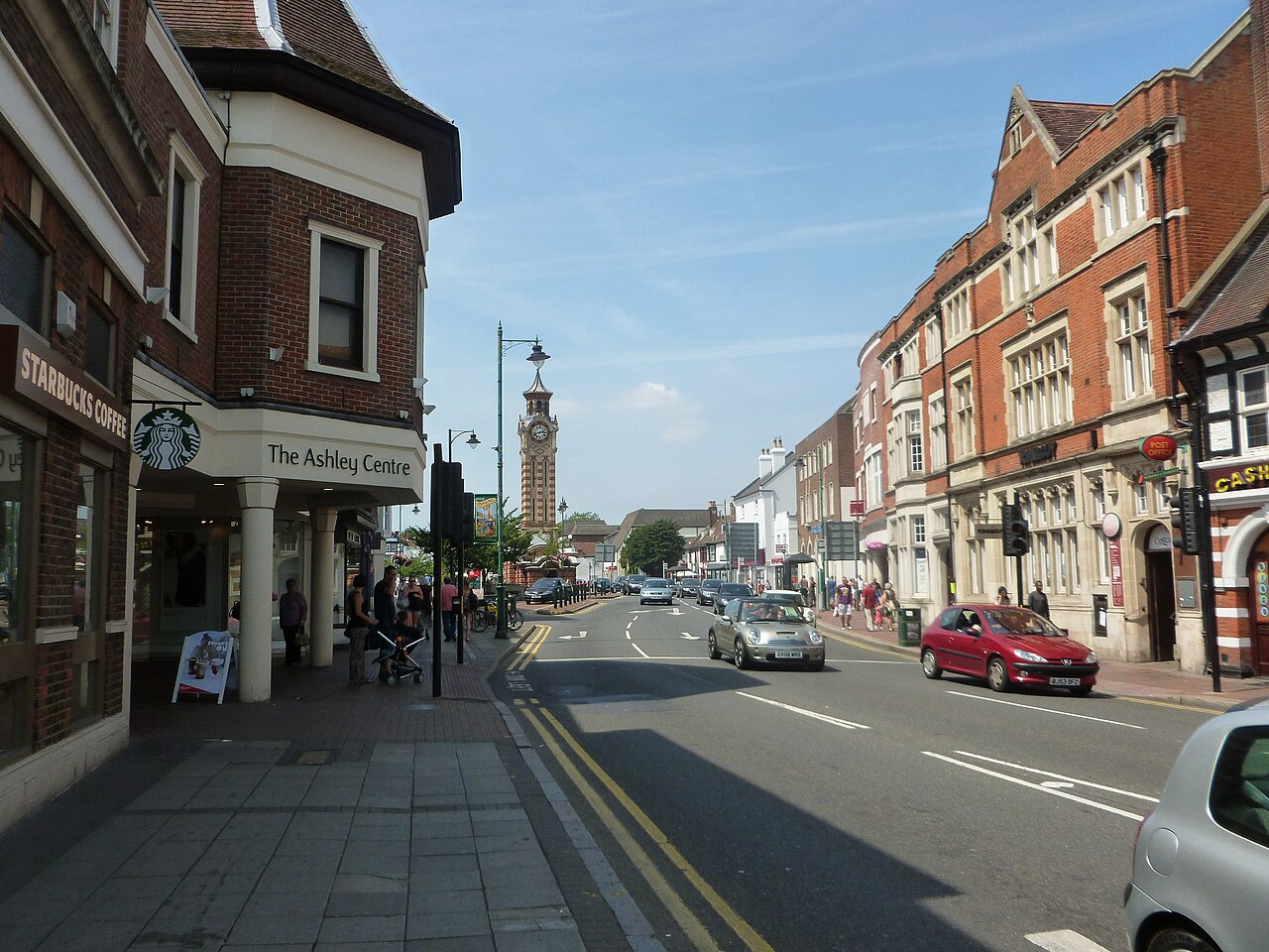 Epsom town centre high street and clock tower